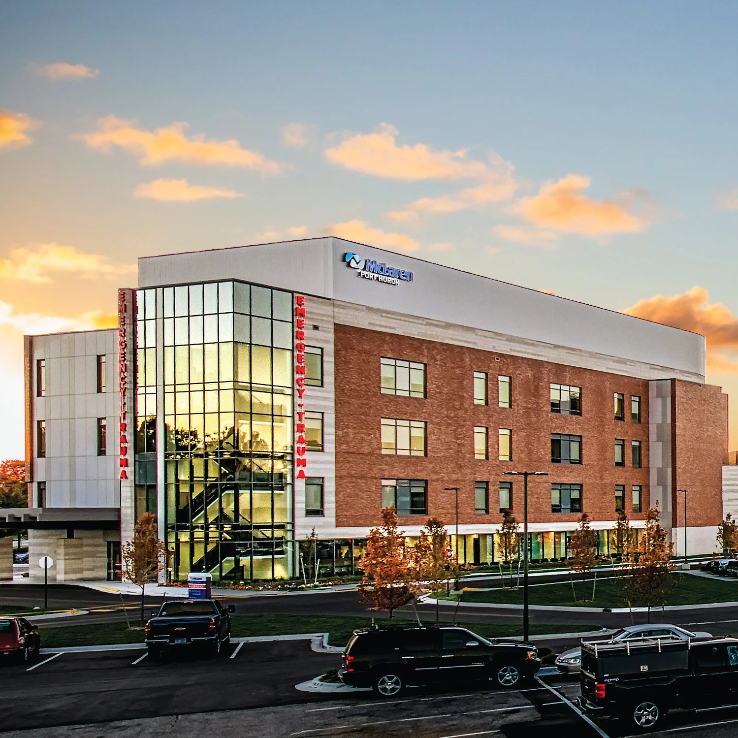The McLaren Port Huron hospital campus at sunset